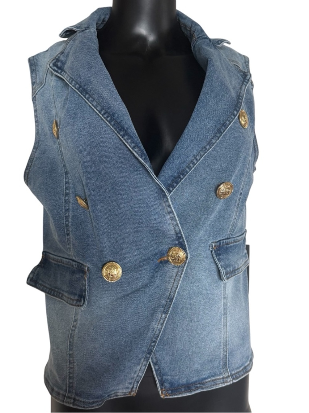 Sleeveless Double-Breasted Denim Vest with Gold Buttons - Blue